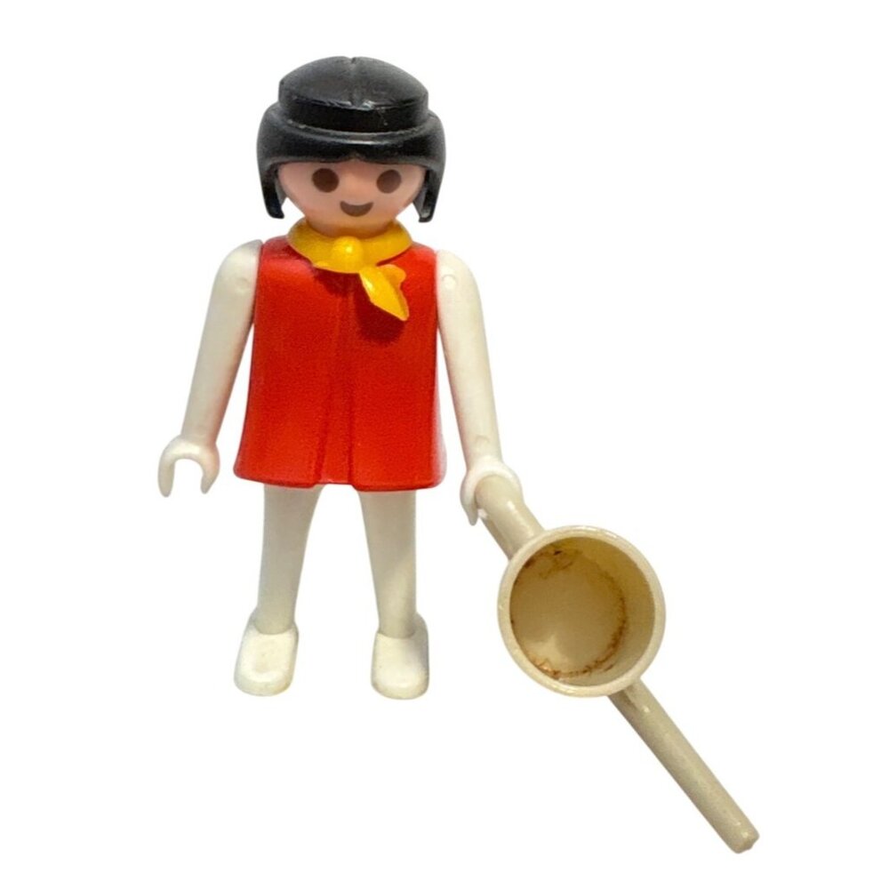 Playmobil Girl Figure & Watering Can Red Outfit Black Hair Yellow Scarf Vintage